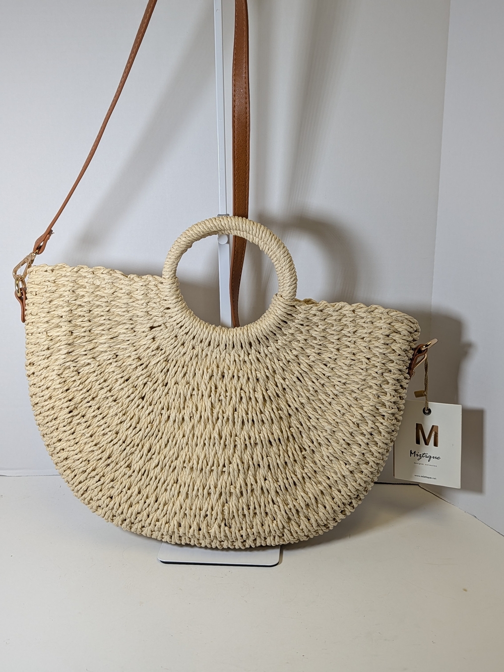 Miztique Natural Straw Circle-Handle Tote with Brown Strap